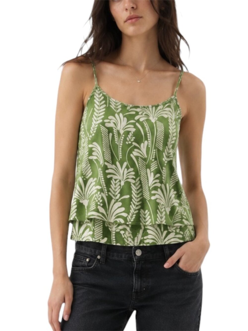 M Cabi Green Tropical Print Adjustable Strap Layered Tank Top 